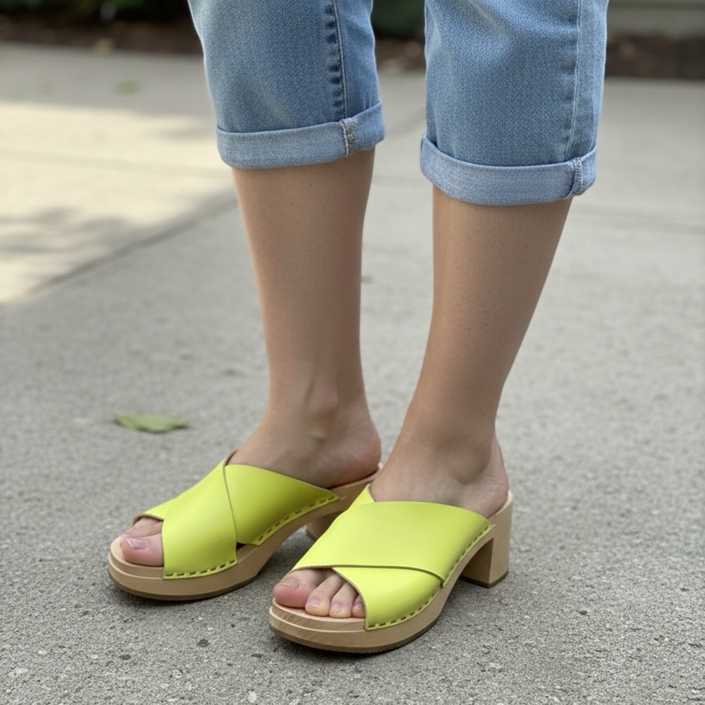 Swedish Hasbeens Neon Yellow Clog Mules - Cross Strap Wood Heel EU 37 - Picture 6 of 6